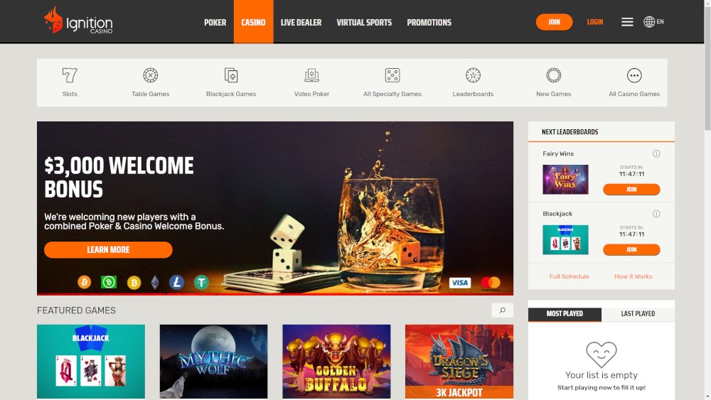 Screenshot of Ignition Casino website interface